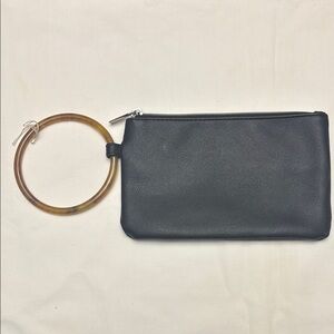 Black Leather Clutch with Tan Ring Handle